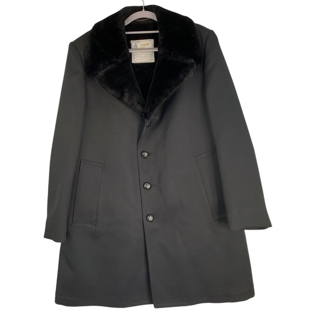 London Fog Mens Black Wool Blend Over Coat Faux Fur Collar Size 38S RJ10624
